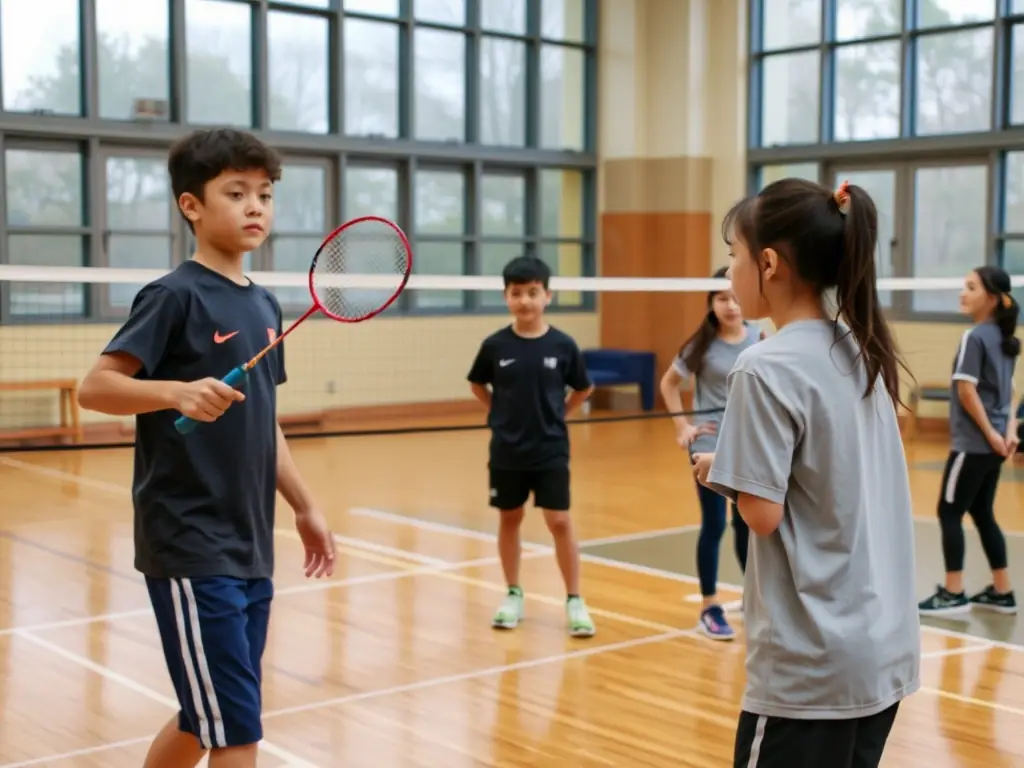 A dynamic image showing students participating in a badminton session, emphasizing the accessibility and inclusivity of BSS's sports programs.