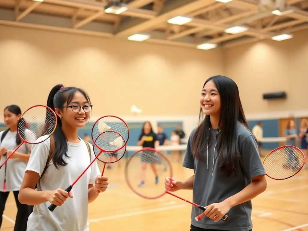 An engaging image of students playing badminton in a well-lit indoor sports hall, emphasizing the accessibility and enjoyment of the sport.