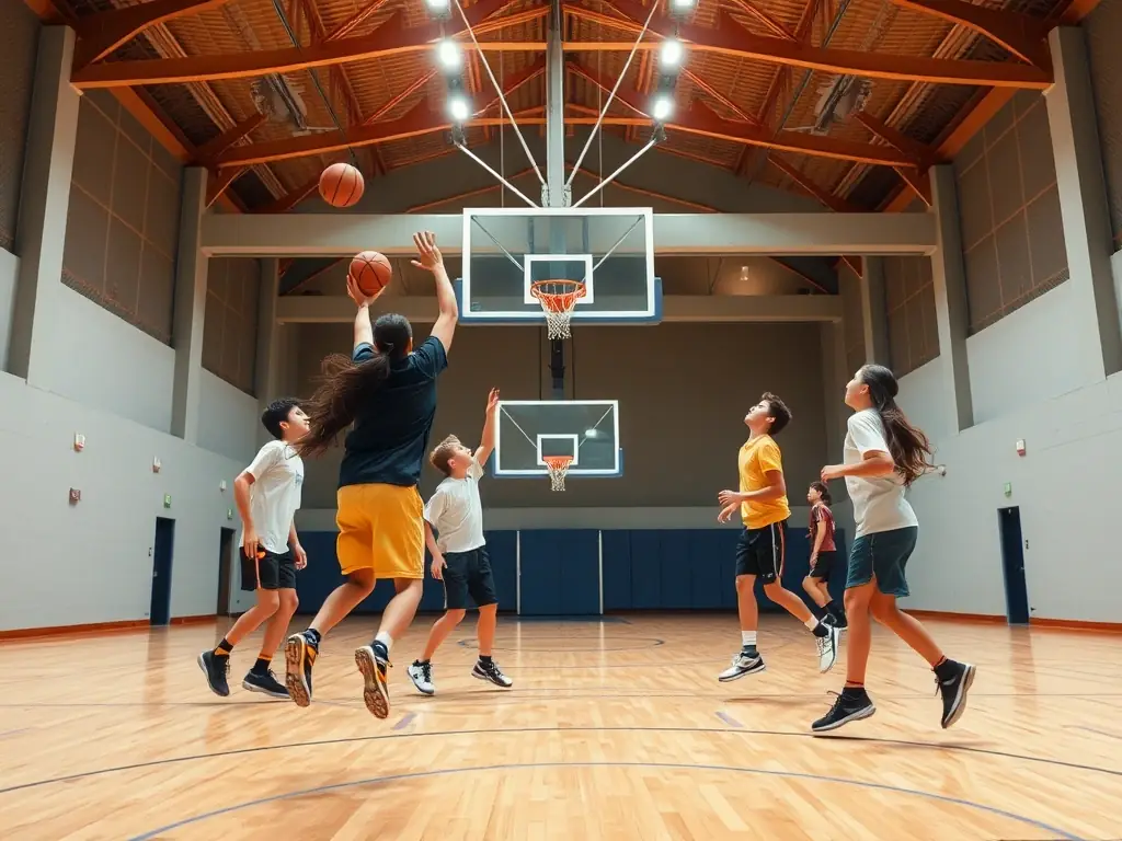 A dynamic image of students actively participating in a weekly indoor basketball session at the Lyon Sud Charles Mérieux Faculty of Medicine, showcasing teamwork and enthusiasm.