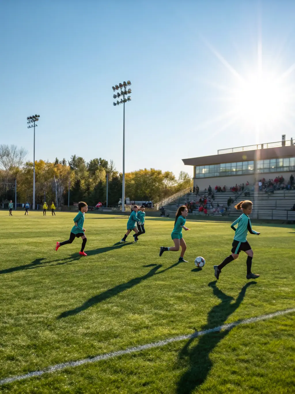 A dynamic shot of students from different faculties competing in a soccer match during an inter-faculty tournament, showcasing teamwork and sportsmanship.