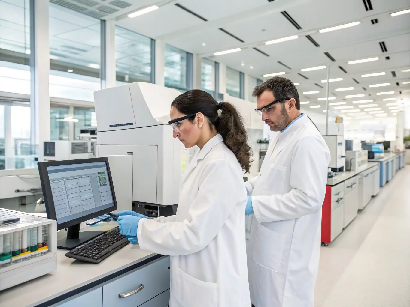 Scientists are working in a modern laboratory, conducting research on chronic uremia and obesity, using advanced equipment and data analysis techniques to discover new treatments and preventive strategies.