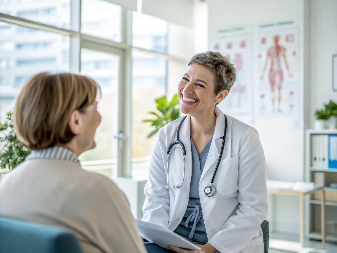 A compassionate doctor is consulting with a patient, reviewing medical charts and discussing treatment options in a brightly lit clinic, emphasizing personalized care and support for chronic uremia.