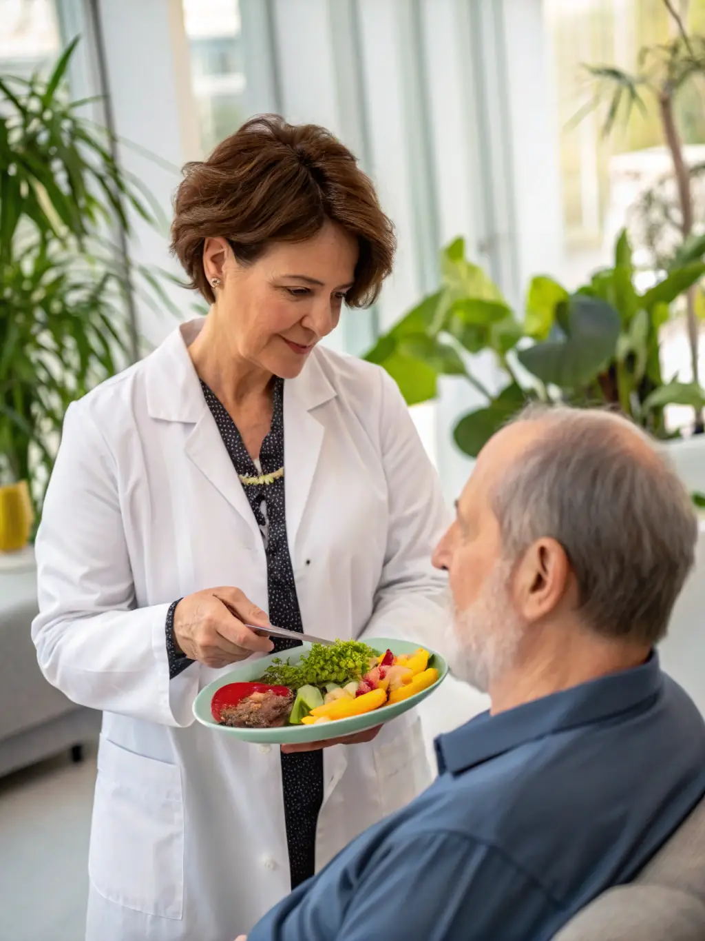 A dietician providing nutritional counseling to a patient with obesity, helping them develop a healthy eating plan.