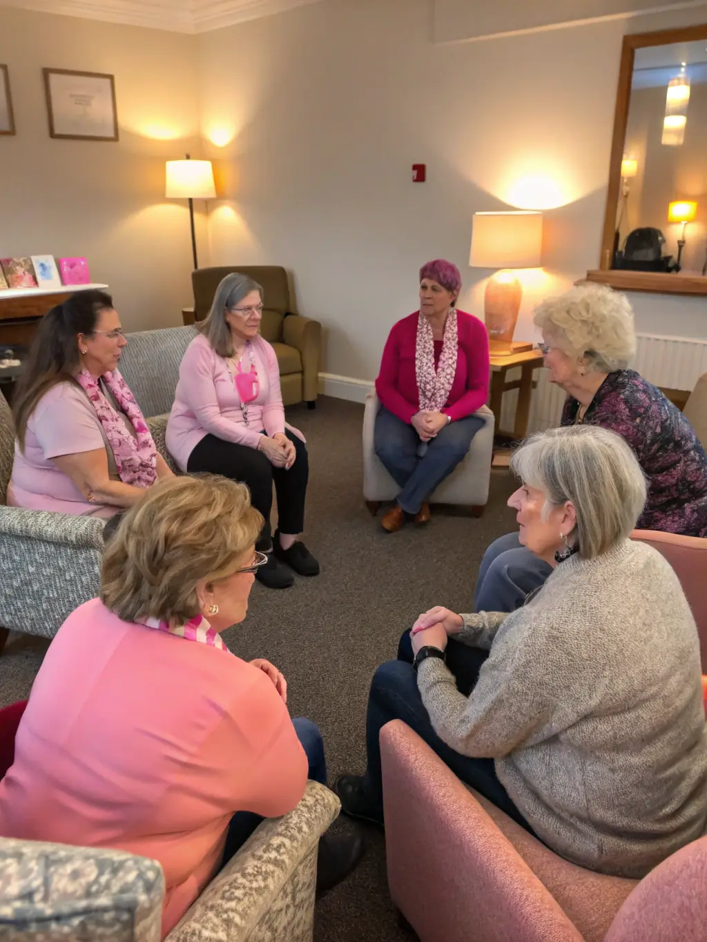 A support group meeting where patients and their families share experiences and provide emotional support to one another.