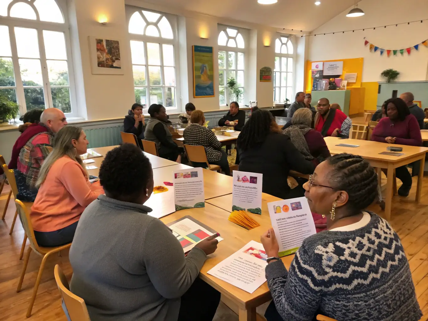 An image depicting a group of retired professionals participating in a workshop, focused on skill-sharing and lifelong learning, set in a bright and modern community center.