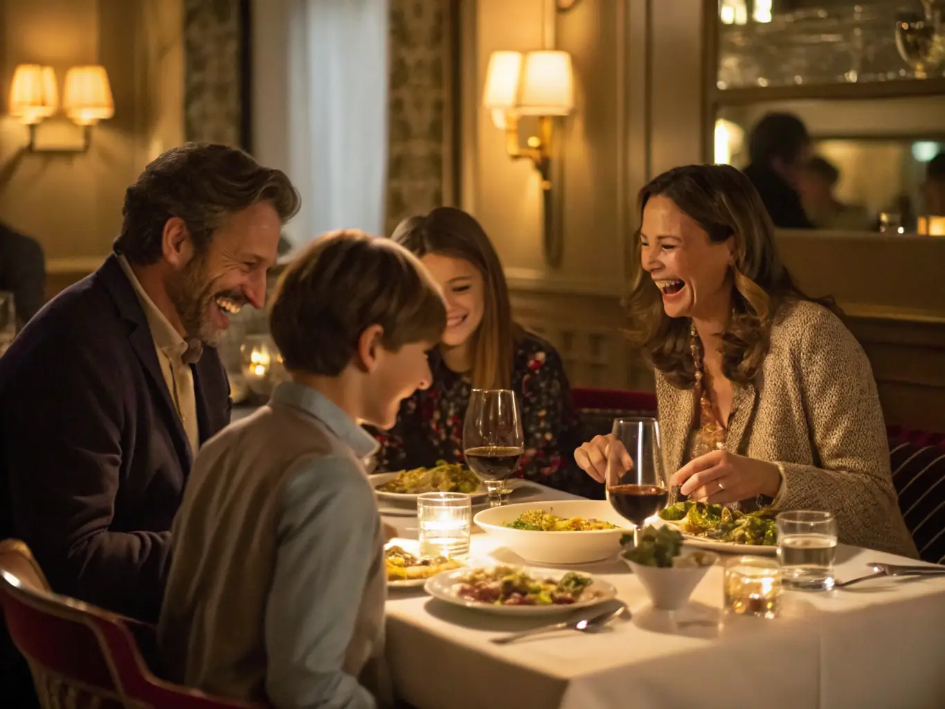 An image of a social gathering of UNIRC members, enjoying a meal together and engaging in lively conversation, set in a cozy and inviting restaurant.
